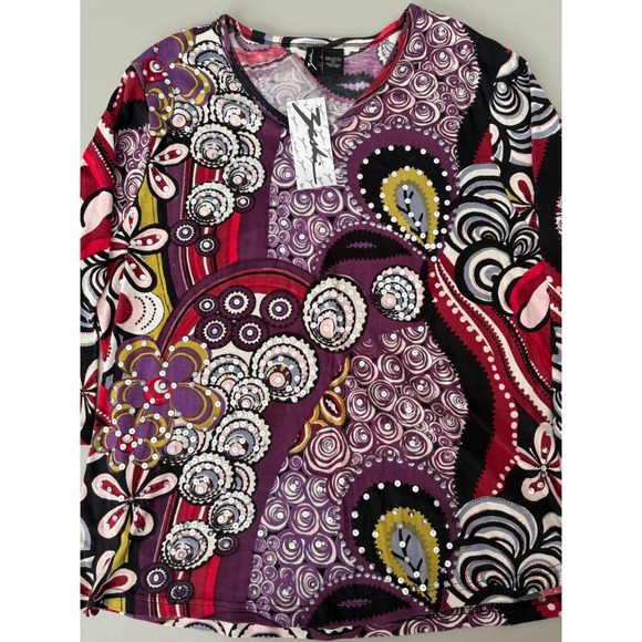 Zuzii Purple Multicolor Embellished Long Sleeve Top Artsy Statement - Picture 1 of 8